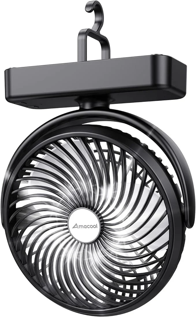 Amacool Ventilador de acampamento operado por bateria de 10.000 mAh com luz de LED - ventilador USB de 17,78 cm