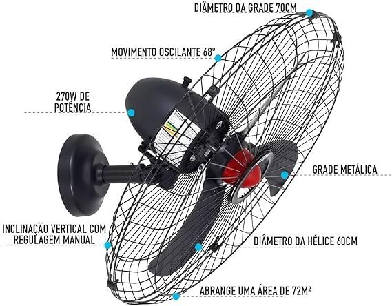 Ventilador Oscilante de Parede Goar 70 cm Preto Bivolt  270W