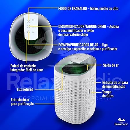 Desumidificador Purificador AR filtro HEPA Bivolt Relaxmedic 3