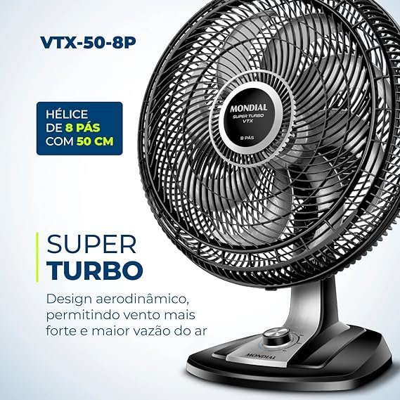 Ventilador 50 cm Super Turbo 8 Pás Mondial Preto ePrata 150W VTX 50 8P 2