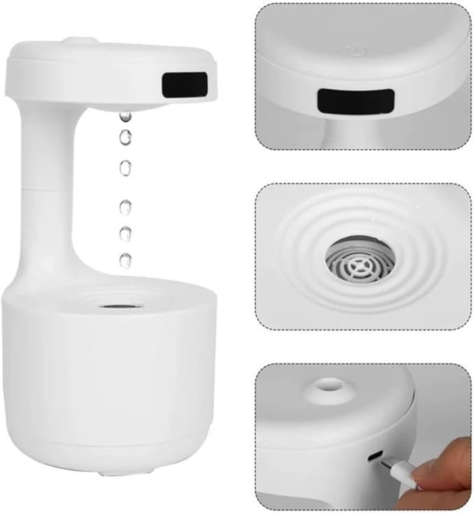 Umidificador De Ar Gotículas De Água Anti Gravidade Gotas De 800 ml Com Luz de Led e Relógio 2